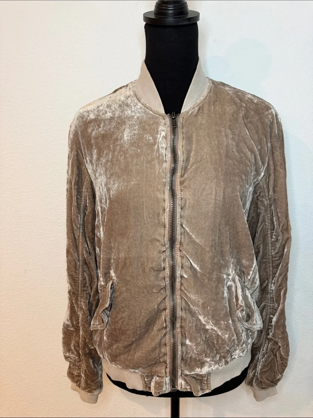 Free People Taupe Velvet Bomber Jacket
